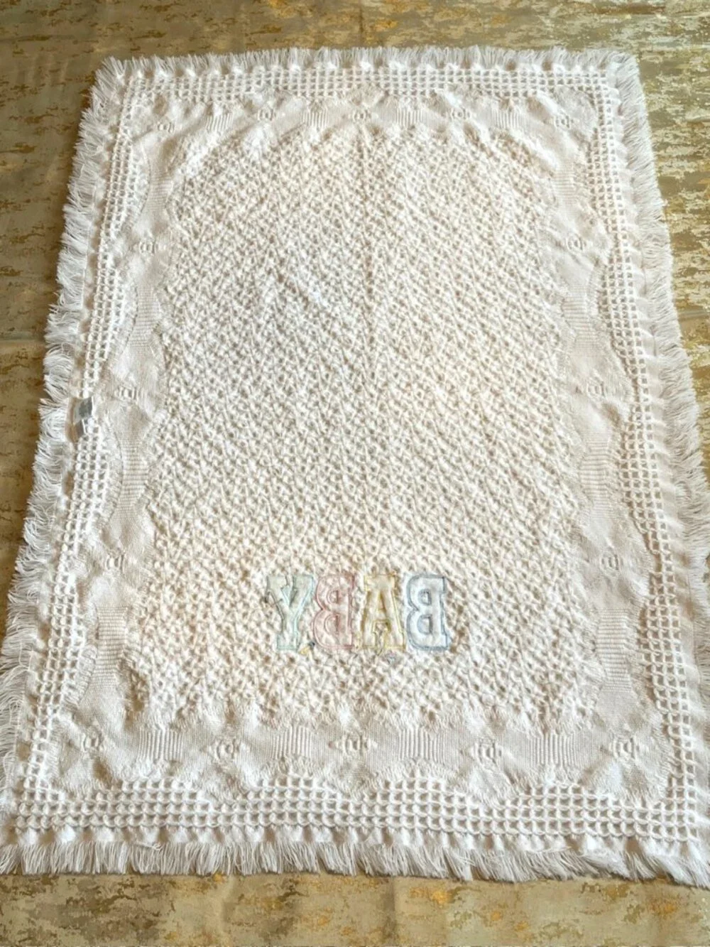 Bright Future Baby Blanket White Fringe Woven Textured Acrylic 33x47 Korea